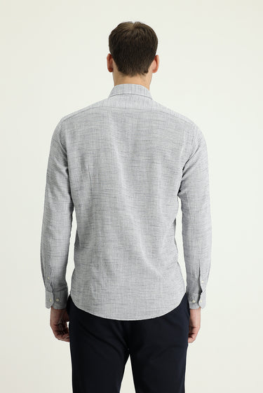 Orta Gri Uzun Kol Slim Fit Dar Kesim Keten Görünümlü Pamuk Spor Düğmeli Yaka Gömlek