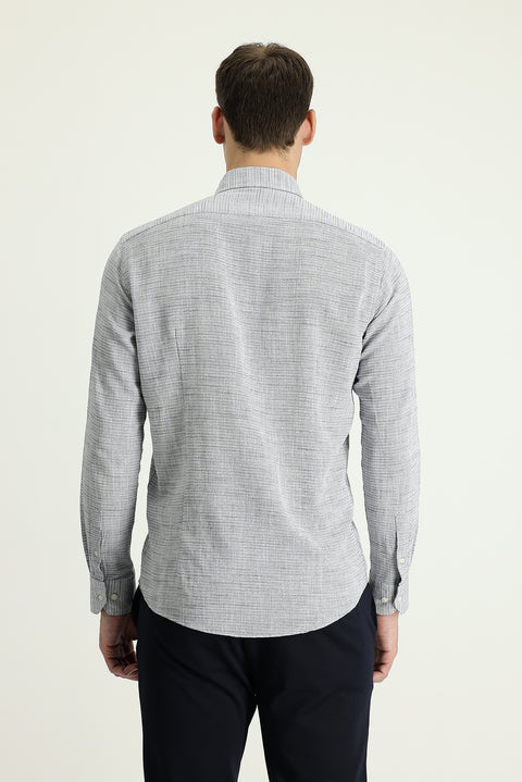 Orta Gri Uzun Kol Slim Fit Dar Kesim Keten Görünümlü Pamuk Spor Düğmeli Yaka Gömlek