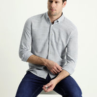 Açık Lacivert Uzun Kol Slim Fit Dar Kesim Keten Görünümlü Pamuk Spor Düğmeli Yaka Gömlek