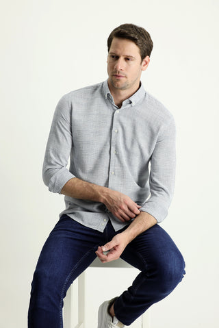  Aç?k Lacivert Uzun Kol Slim Fit Dar Kesim Keten Görünümlü Pamuk Spor Dü?meli Yaka Gömlek-Ki??l?