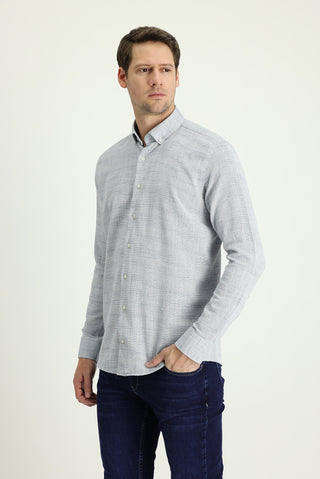  Aç?k Lacivert Uzun Kol Slim Fit Dar Kesim Keten Görünümlü Pamuk Spor Dü?meli Yaka Gömlek-Ki??l?