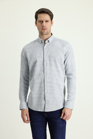  Aç?k Lacivert Uzun Kol Slim Fit Dar Kesim Keten Görünümlü Pamuk Spor Dü?meli Yaka Gömlek-Ki??l?