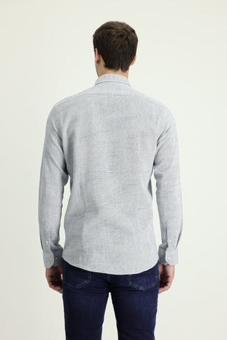  Aç?k Lacivert Uzun Kol Slim Fit Dar Kesim Keten Görünümlü Pamuk Spor Dü?meli Yaka Gömlek-Ki??l?