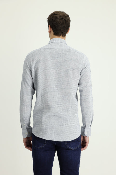 Açık Lacivert Uzun Kol Slim Fit Dar Kesim Keten Görünümlü Pamuk Spor Düğmeli Yaka Gömlek