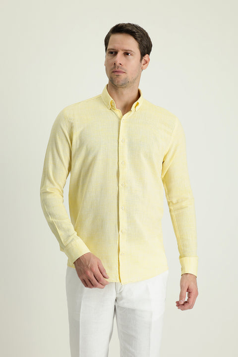 Açık Sarı Uzun Kol Slim Fit Dar Kesim Keten Görünümlü Pamuk Spor Düğmeli Yaka Gömlek