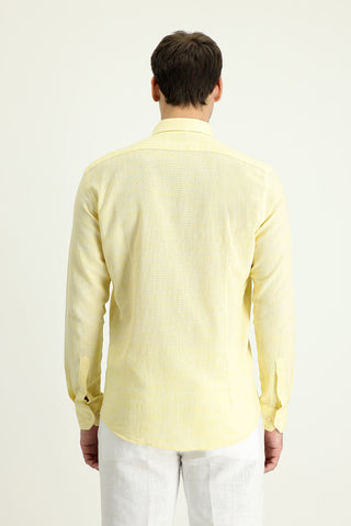  Açık Sarı Uzun Kol Slim Fit Dar Kesim Keten Görünümlü Pamuk Spor Düğmeli Yaka Gömlek