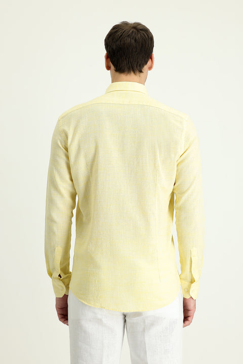 Açık Sarı Uzun Kol Slim Fit Dar Kesim Keten Görünümlü Pamuk Spor Düğmeli Yaka Gömlek