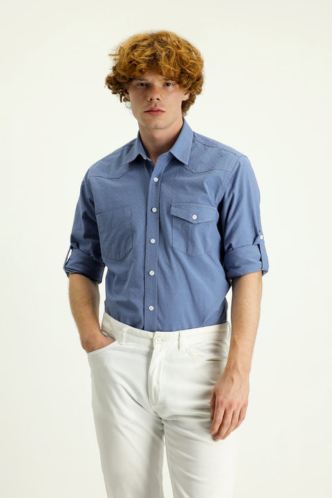 İndigo Uzun Kol Slim Fit Dar Kesim Pamuk Spor Gömlek