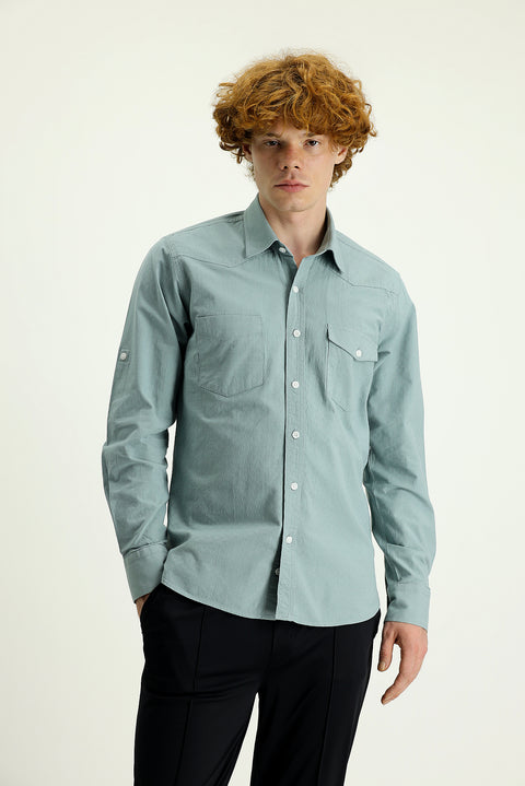 Çağla Yeşili Uzun Kol Slim Fit Dar Kesim Pamuk Spor Gömlek