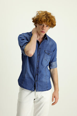  İndigo Uzun Kol Slim Fit Dar Kesim Denim Pamuk Gömlek