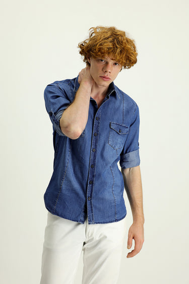 İndigo Uzun Kol Slim Fit Dar Kesim Denim Pamuk Gömlek