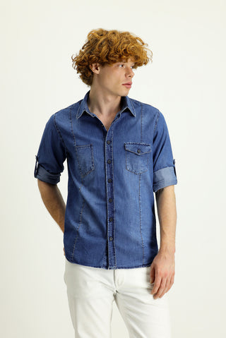  İndigo Uzun Kol Slim Fit Dar Kesim Denim Pamuk Gömlek