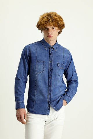  İndigo Uzun Kol Slim Fit Dar Kesim Denim Pamuk Gömlek