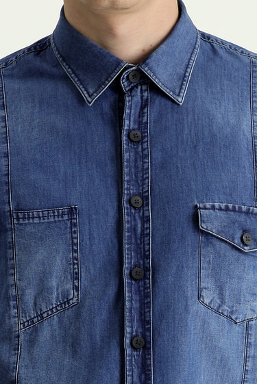 İndigo Uzun Kol Slim Fit Dar Kesim Denim Pamuk Gömlek