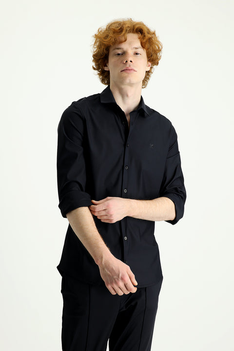 Siyah Techno-Line Uzun Kol Slim Fit Dar Kesim Örme Gömlek