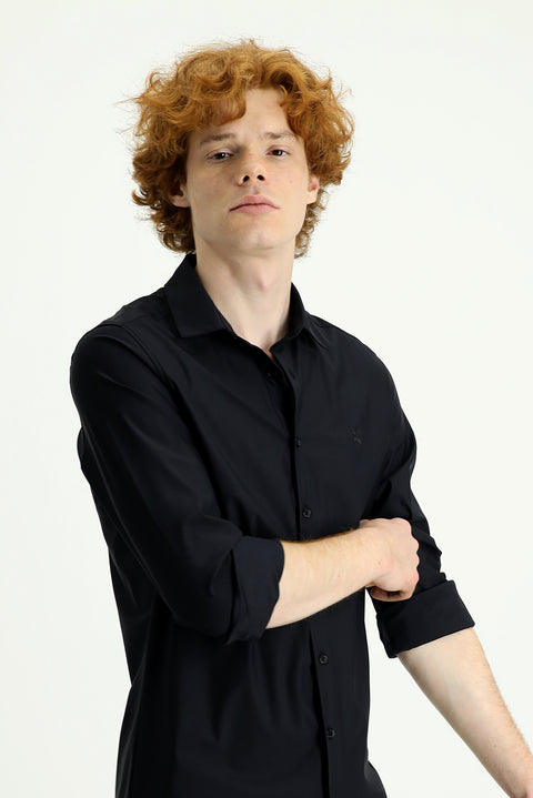 Siyah Techno-Line Uzun Kol Slim Fit Dar Kesim Örme Gömlek