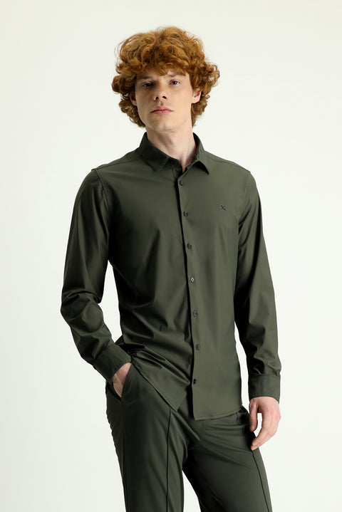 Orta Haki Techno-Line Uzun Kol Slim Fit Dar Kesim Örme Gömlek