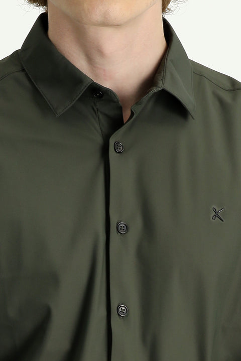 Orta Haki Techno-Line Uzun Kol Slim Fit Dar Kesim Örme Gömlek