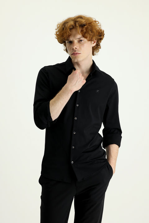 Siyah Techno-Line Uzun Kol Slim Fit Dar Kesim Spor Gömlek