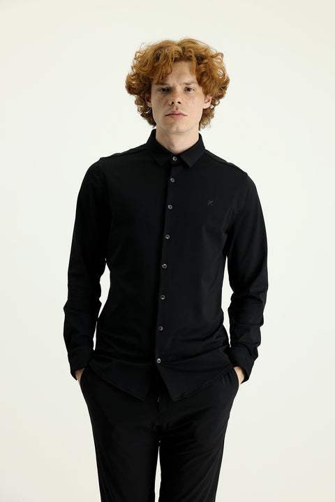 Siyah Techno-Line Uzun Kol Slim Fit Dar Kesim Spor Gömlek