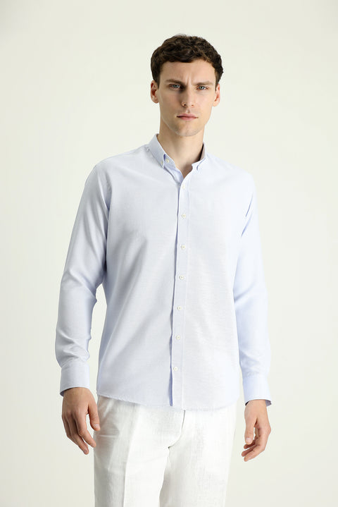 Uçuk Mavi Uzun Kol Slim Fit Dar Kesim Desenli Spor Pamuklu Kolay Ütülenebilir Düğmeli Yaka Gömlek