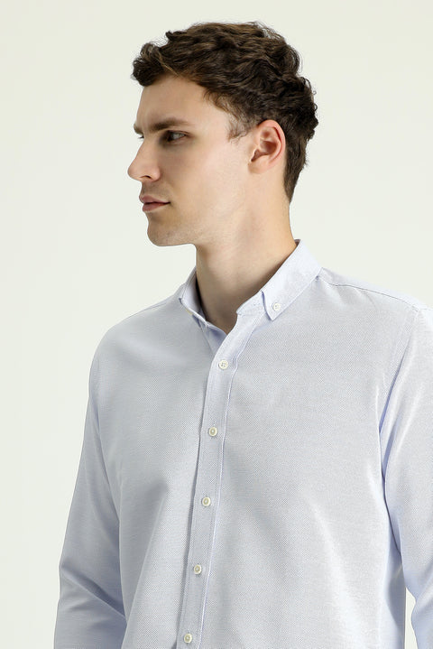 Uçuk Mavi Uzun Kol Slim Fit Dar Kesim Desenli Spor Pamuklu Kolay Ütülenebilir Düğmeli Yaka Gömlek