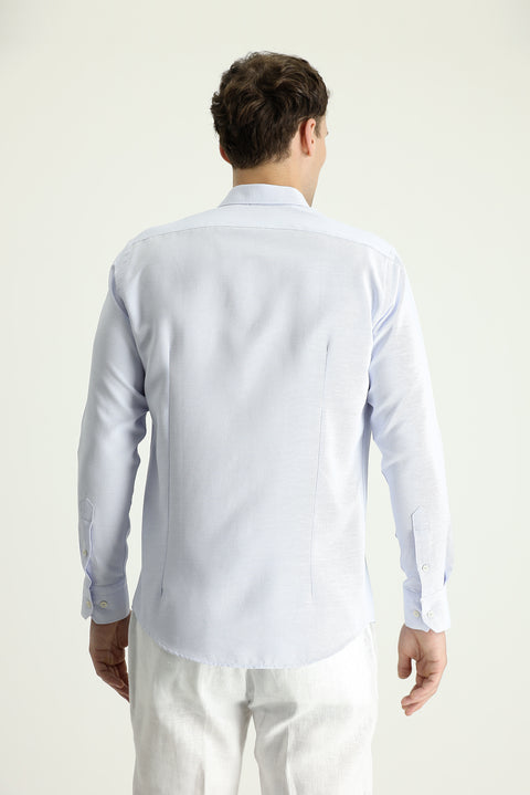 Uçuk Mavi Uzun Kol Slim Fit Dar Kesim Desenli Spor Pamuklu Kolay Ütülenebilir Düğmeli Yaka Gömlek