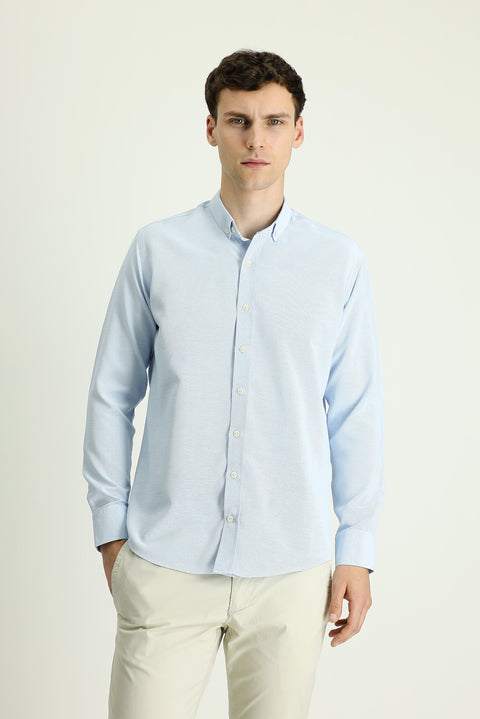 Aqua Mavisi Uzun Kol Slim Fit Dar Kesim Desenli Spor Pamuklu Kolay Ütülenebilir Düğmeli Yaka Gömlek