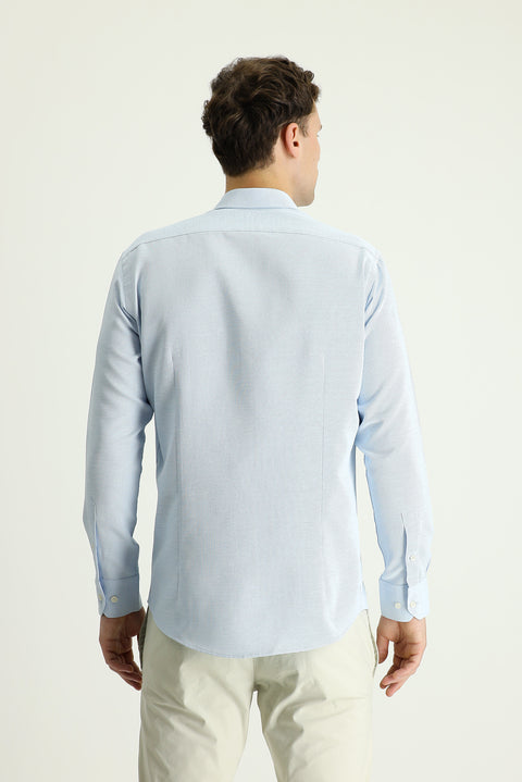 Aqua Mavisi Uzun Kol Slim Fit Dar Kesim Desenli Spor Pamuklu Kolay Ütülenebilir Düğmeli Yaka Gömlek