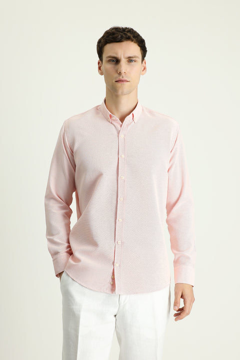 Açık Turuncu Uzun Kol Slim Fit Dar Kesim Desenli Spor Pamuklu Kolay Ütülenebilir Düğmeli Yaka Gömlek