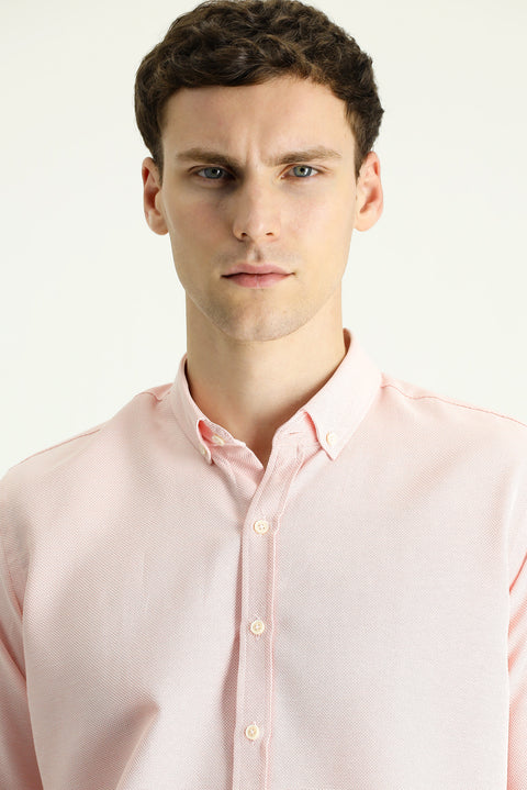 Açık Turuncu Uzun Kol Slim Fit Dar Kesim Desenli Spor Pamuklu Kolay Ütülenebilir Düğmeli Yaka Gömlek