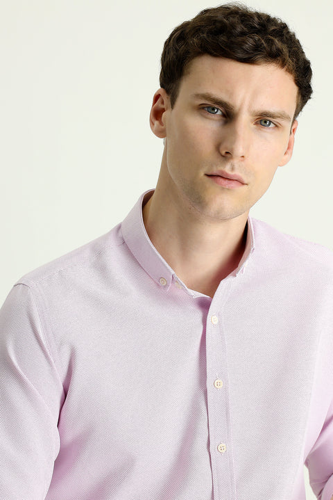 Lila Uzun Kol Slim Fit Dar Kesim Desenli Spor Pamuklu Kolay Ütülenebilir Düğmeli Yaka Gömlek