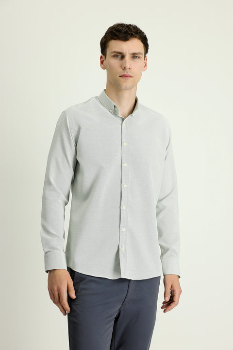 Koyu Yeşil Uzun Kol Slim Fit Dar Kesim Desenli Spor Pamuklu Kolay Ütülenebilir Düğmeli Yaka Gömlek