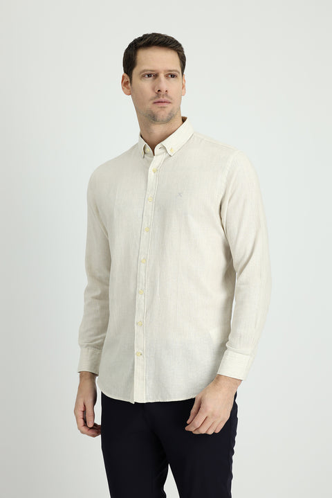 Krem Uzun Kol Slim Fit Dar Kesim Spor Gömlek