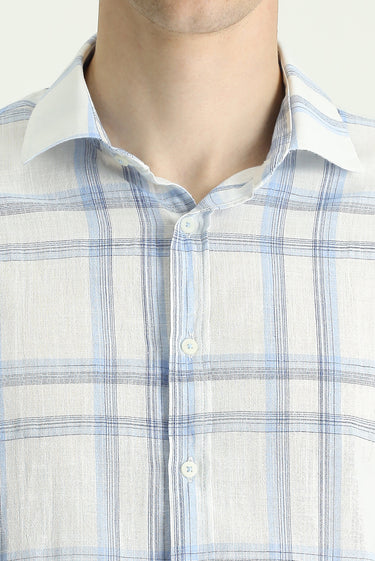  Açık Mavi Uzun Kol Slim Fit Dar Kesim Ekose Pamuklu Keten Gömlek