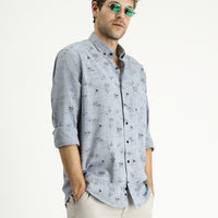 Açık Lacivert Uzun Kol Regular Fit Desenli Spor Pamuklu Gömlek