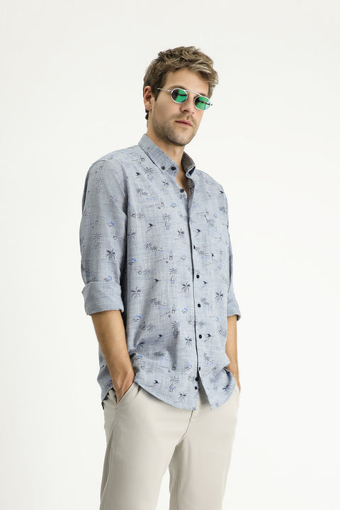 Açık Lacivert Uzun Kol Regular Fit Desenli Spor Pamuklu Gömlek