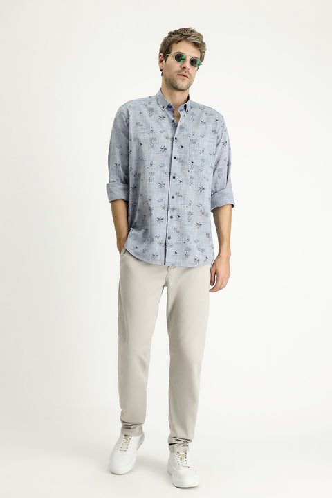 Açık Lacivert Uzun Kol Regular Fit Desenli Spor Pamuklu Gömlek