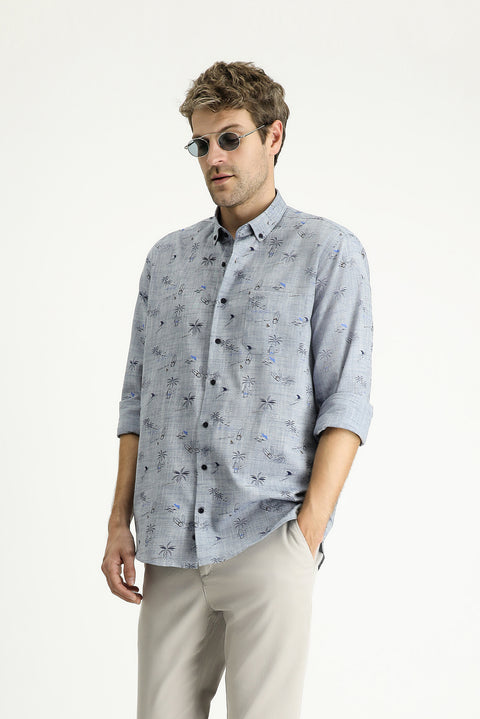 Açık Lacivert Uzun Kol Regular Fit Desenli Spor Pamuklu Gömlek