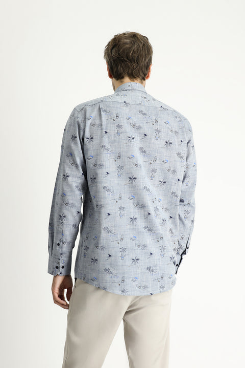 Açık Lacivert Uzun Kol Regular Fit Desenli Spor Pamuklu Gömlek