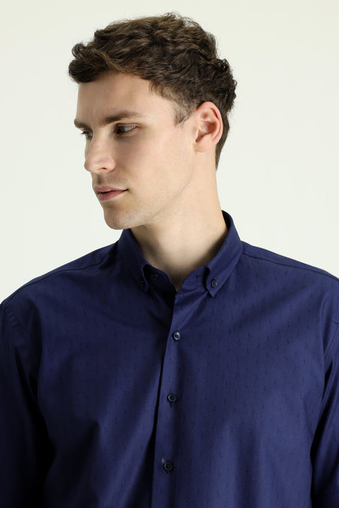 Koyu Lacivert Kısa Kol Regular Fit Desenli Pamuk Gömlek