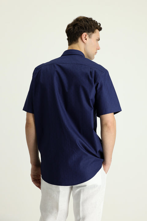 Koyu Lacivert Kısa Kol Regular Fit Desenli Pamuk Gömlek