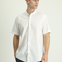 Beyaz Kısa Kol Regular Fit Desenli Pamuk Gömlek