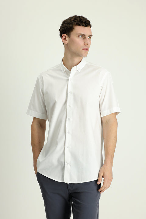 Beyaz Kısa Kol Regular Fit Desenli Pamuk Gömlek