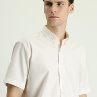 Ekru Kısa Kol Regular Fit Desenli Pamuk Gömlek