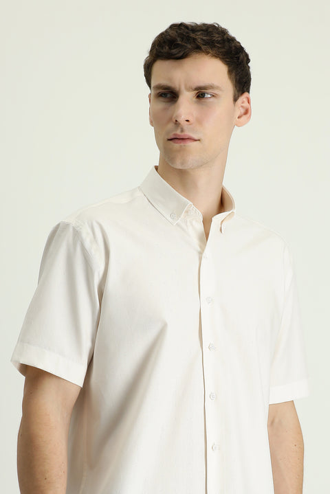 Ekru Kısa Kol Regular Fit Desenli Pamuk Gömlek