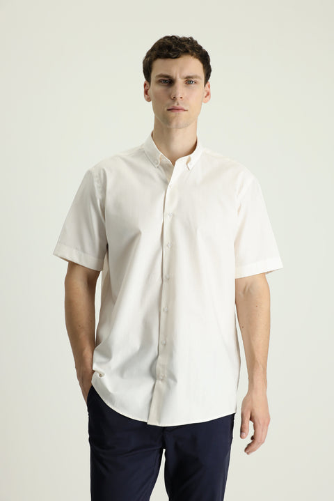 Ekru Kısa Kol Regular Fit Desenli Pamuk Gömlek