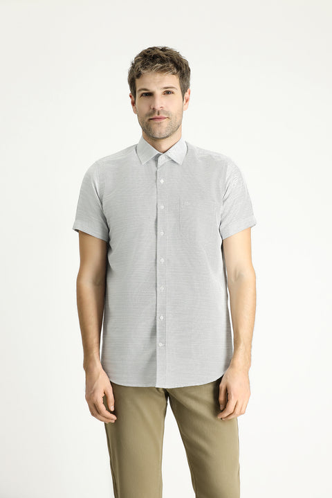 Siyah Kısa Kol Regular Fit Desenli Pamuklu Gömlek