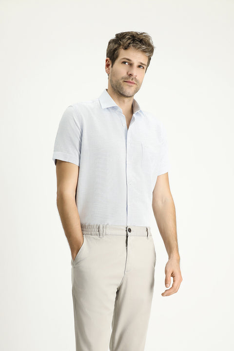 Uçuk Mavi Kısa Kol Regular Fit Desenli Pamuklu Gömlek