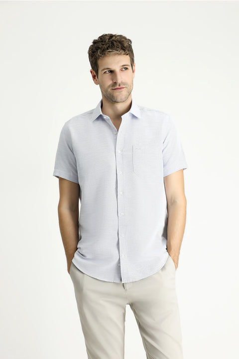Saks Mavi Kısa Kol Regular Fit Desenli Pamuklu Gömlek